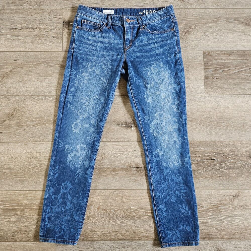 Gap 1969 Always Skinny Jeans Women 28/6 Blue Low Rise Stretch Denim Floral print